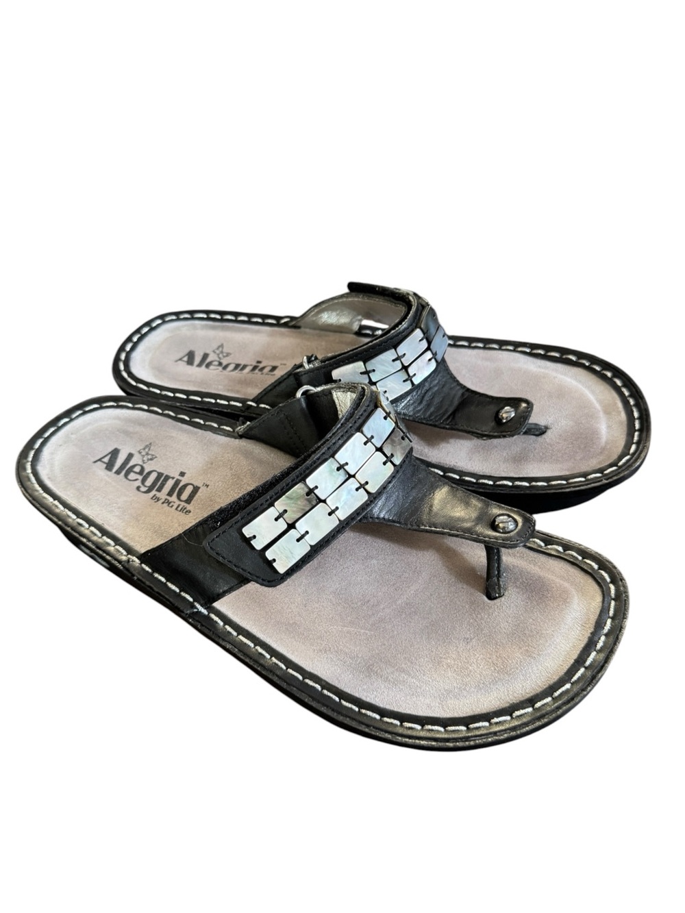Alegria Carina Lite Black Leather Mother-of-Pearl Thong Sandals, EU 37 (7-7.5)
